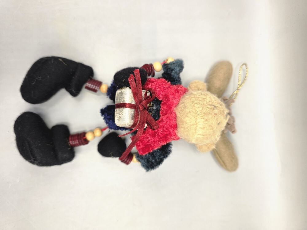 Vintage Whimsical Plush Moose Christmas Ornament Dangle Legs Present Vtg 7.5"